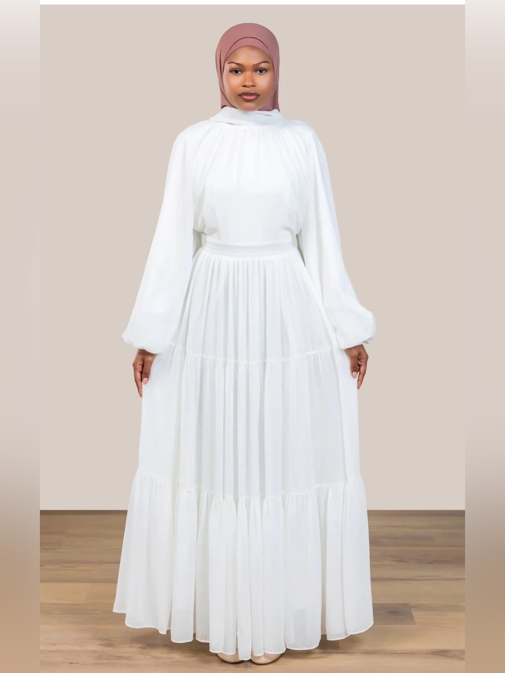 Modest White Long-Sleeve Tiered Maxi Dress